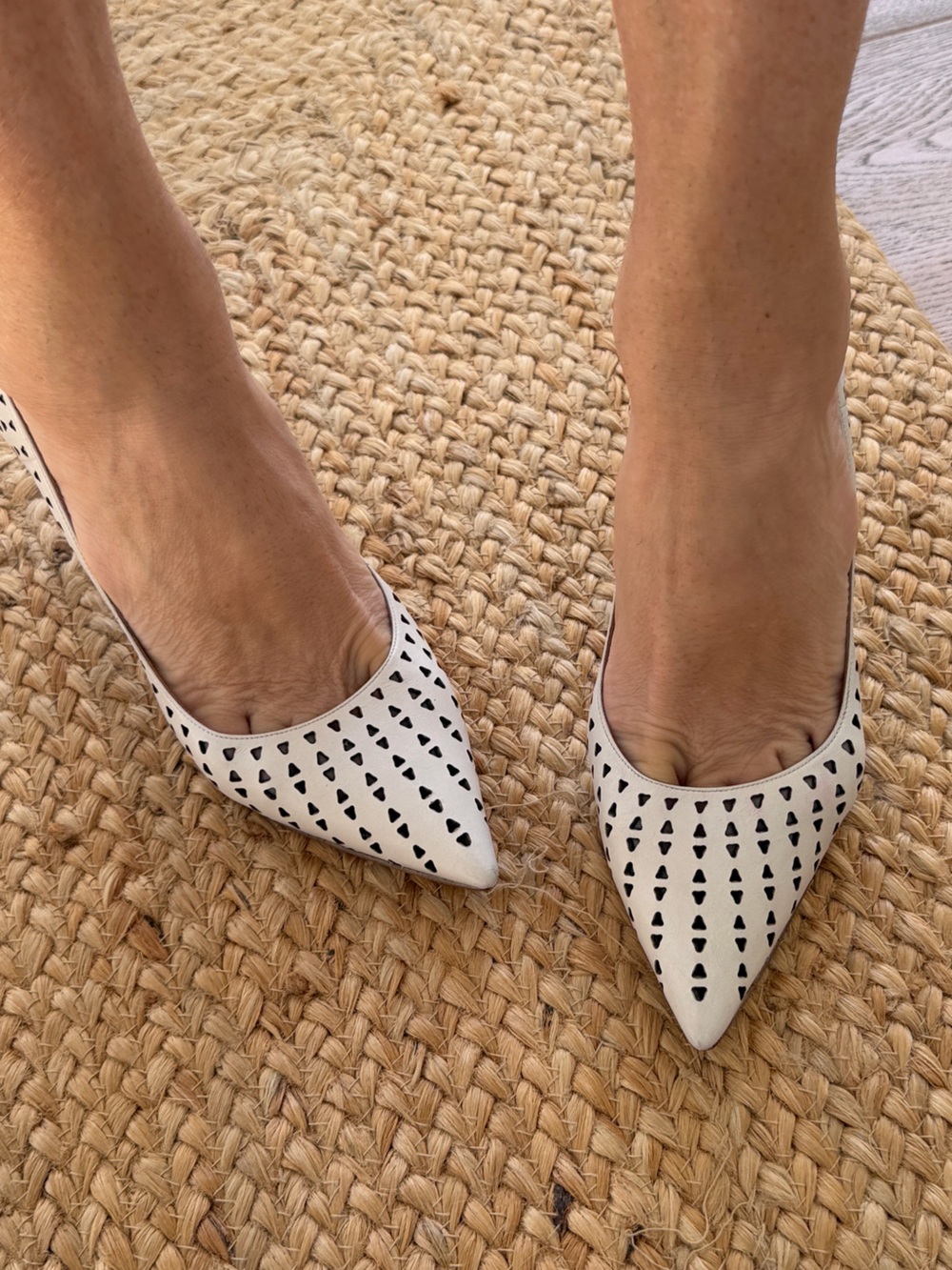 Neiman Marcus Pura López White Laser-Cut Pointed Toe Pumps